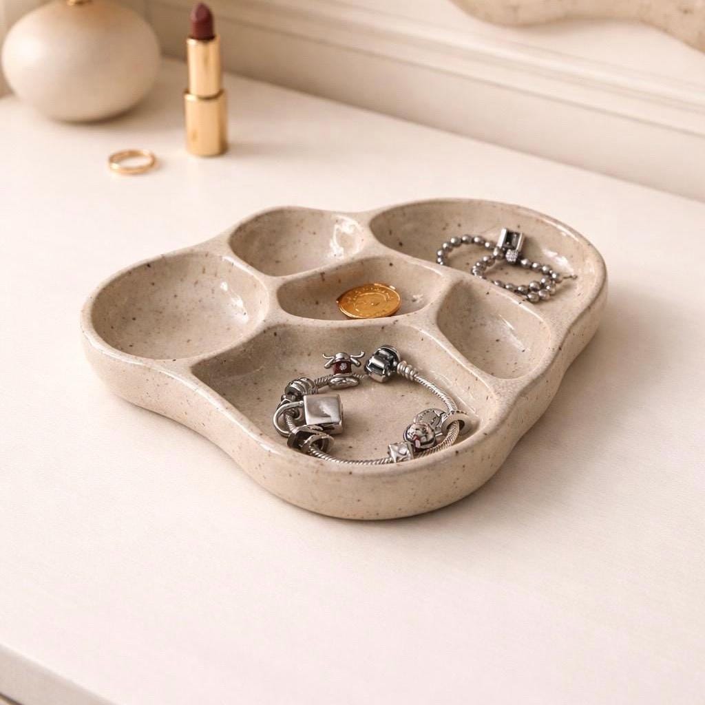 Handmade Ceramic Jewelry Organizer Tray, Cream-beige Speckled