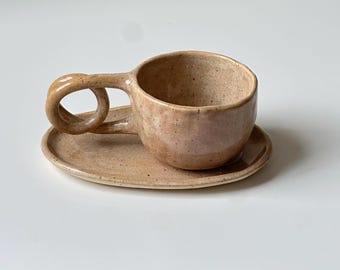 Stoneware Cappuccino Cup and Saucer Set, Handmade Ceramic Coffee Set