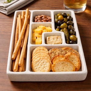 May include: A rectangular, divided serving tray filled with snacks. It contains breadsticks, cheese cubes, crackers, nuts, olives, and pickles. A glass of amber liquid with ice sits nearby. A folded napkin and sprig of rosemary are in the background.