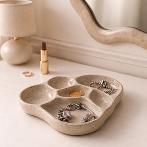 Handmade Ceramic Jewelry Organizer Tray, Cream-Beige Speckled Vanity Dish with Multiple Compartments