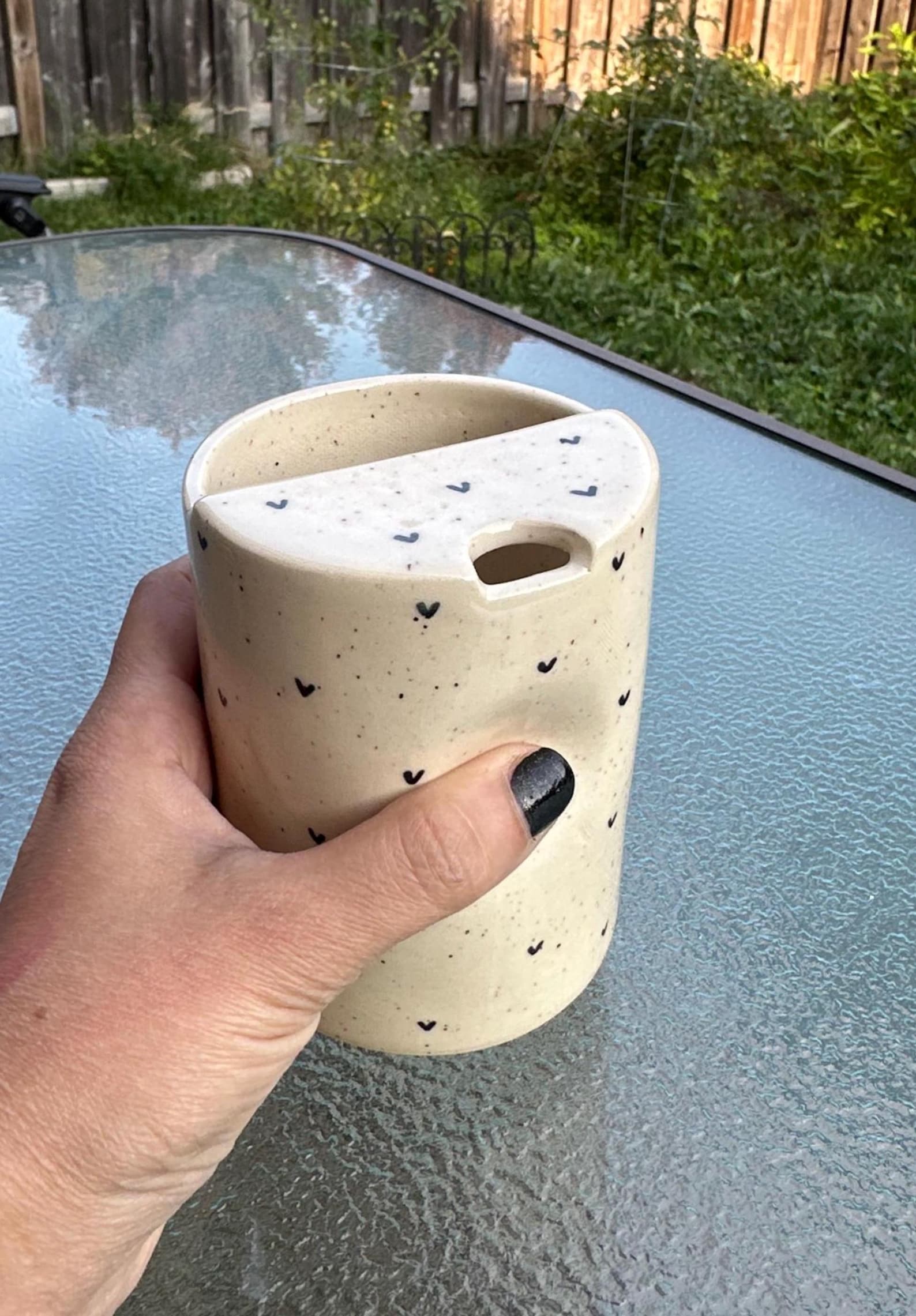 Handmade Ceramic Travel Mug: Hand-Painted Hearts, To Go Cup - Black, 12 Fluid ounces