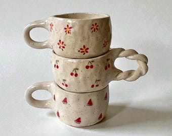 Handmade Ceramic Mug, Hand-Painted Summer Fruits and Flowers Cup