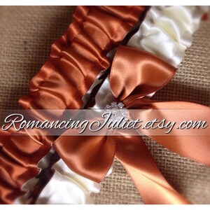 Simple Satin Deluxe Dual Color Bridal Garter Set with Rhinestone Accent...shown in burnt orange/ivory