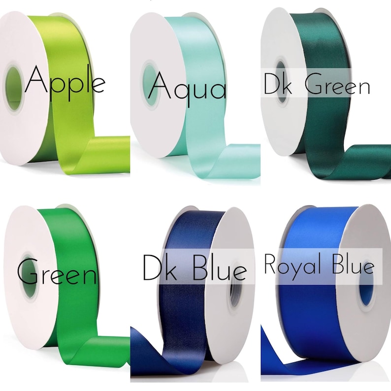 May include: Six spools of ribbon in various colors, including apple green, aqua, dark green, green, dark blue, and royal blue. Each spool has a white label with the color name printed on it.