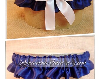 Satin Skirted Satin Bridal Garter SET in Navy Blue/White