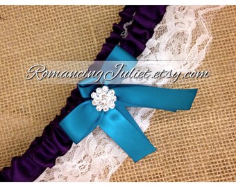Lovely Vintage Style Lace Garter with Vibrant Rhinestone Accent..shown in white/eggplant purple/teal