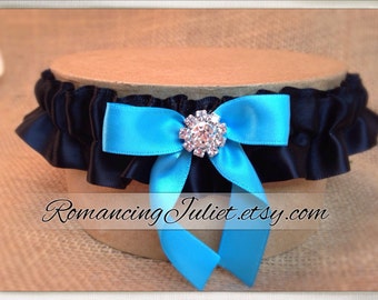 Skirted Satin Bridal Garter Rhinestone Accents...Shown in black/turquoise
