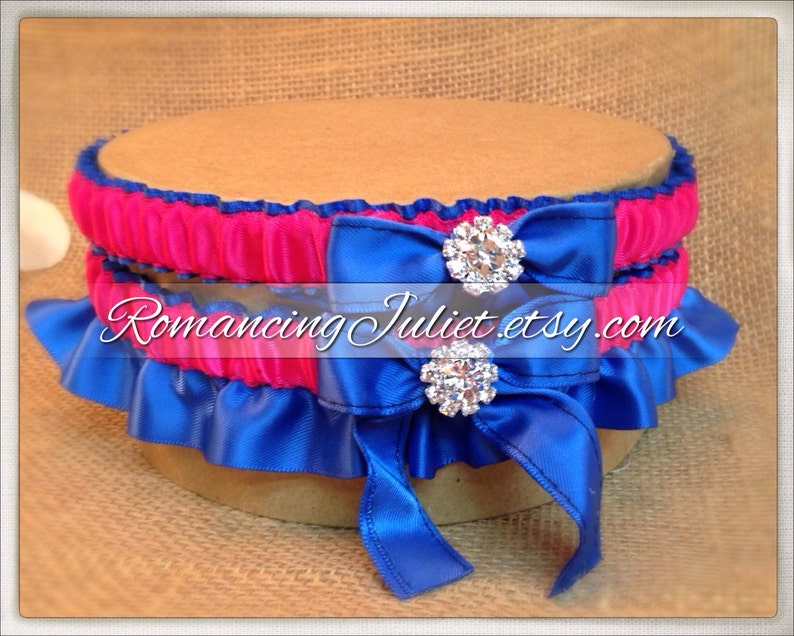 Satin Bridal Garter Set with Rhinestone Accents.. 1 to Keep 1 to Toss..shown in royal blue/hot pink image 1