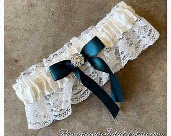 Lovely Vintage Style Lace Garter with Vibrant Rhinestone ..shown in ivory/teal