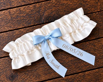 Personalized Classic Chic Bridal Garter in ivory/ivory/light blue
