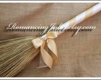 Classic Jump Broom Made in Your Custom Colors with Rhinestone Accent ..shown in champagne/ivory