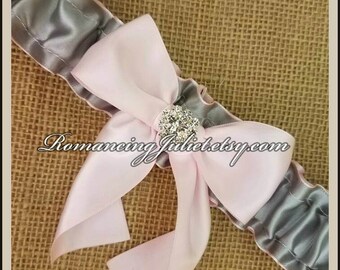 Simple Satin Dual Color Bridal Garter with Rhinestone Accent...shown in silver gray/pale pink