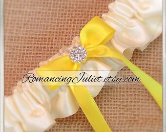 Skirted Satin Bridal Garter Rhinestone Accents...Shown in ivory/bright yellow