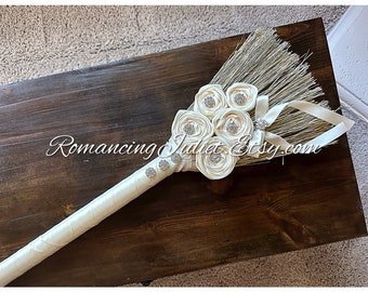 Timeless Elegance Wedding Jump Broom with Vibrant Crystal Accents and Delicate Hand Rolled Satin Rosettes.. Custom Orders Available