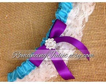 Lovely Vintage Style Lace Garter with Pretty Rhinestone Accents...shown in white/turquoise/royal purple