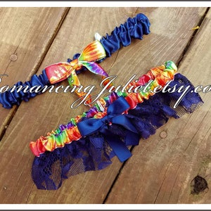 Lovely Lace and Satin Bridal Garter SET shown in navy blue/tie dye image 1