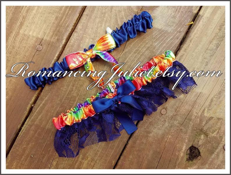 Lovely Lace and Satin Bridal Garter SET shown in navy blue/tie dye image 1