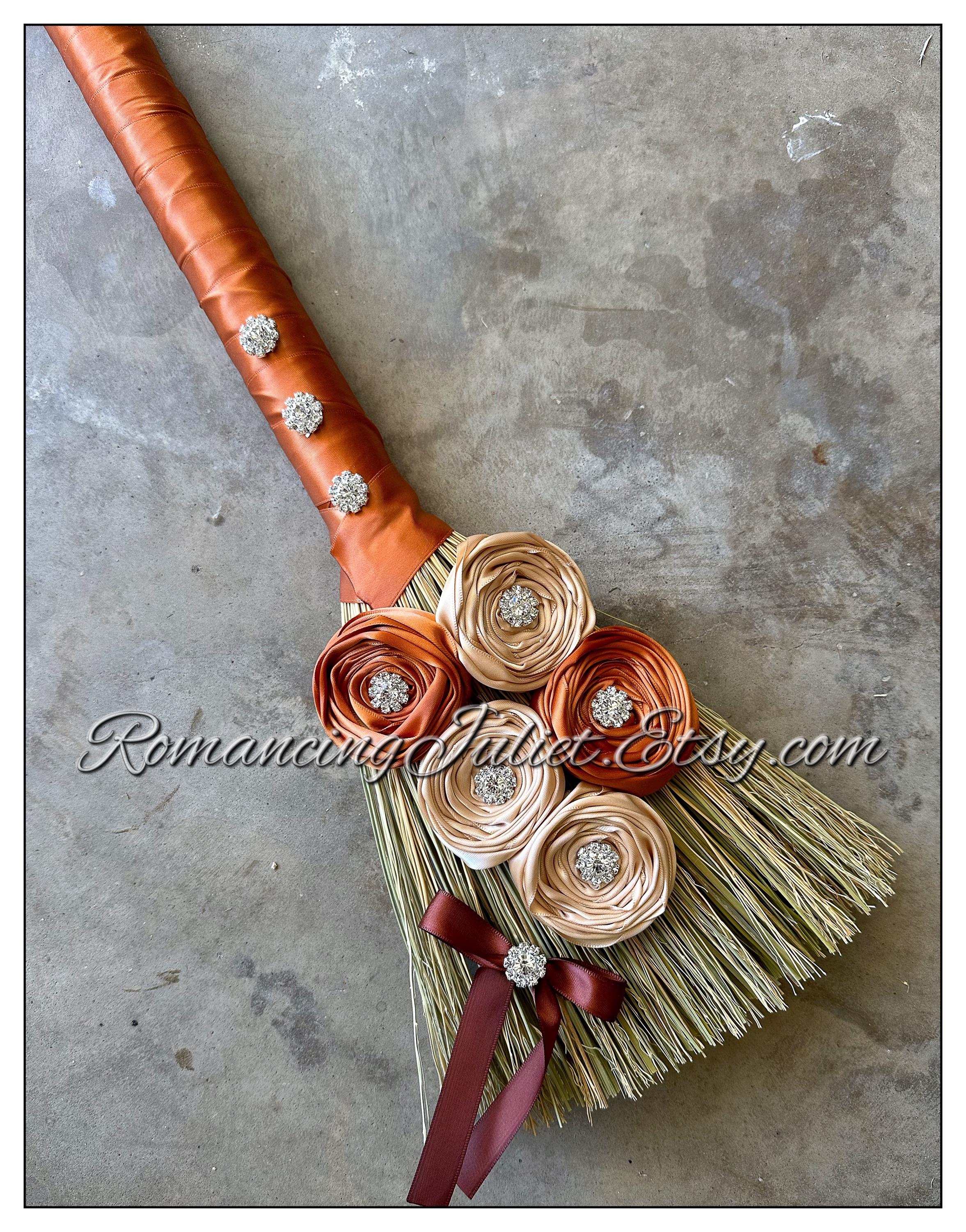 Timeless Elegance Wedding Jump Broom with Vibrant Crystal Accents and Delicate Hand Rolled Satin Rosettes.. Custom Orders Available..
