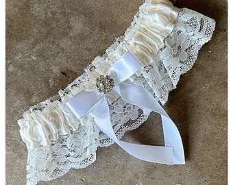 Lovely Vintage Style Lace Garter with Vibrant Rhinestone ..shown in ivory/white bow