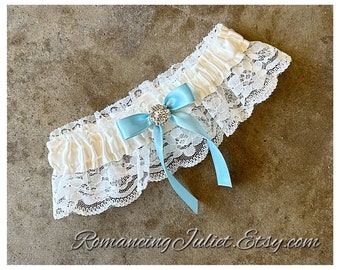 Lovely Vintage Style Lace Garter with Vibrant Rhinestone ..shown in ivory/light blue