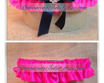 Skirted Satin Bridal Garter SET Rhinestone Accents...Shown in dark fuschia/black