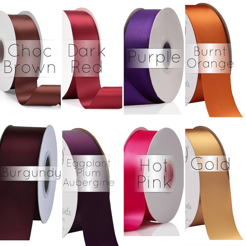 May include: Eight spools of satin ribbon in various colors, including chocolate brown, dark red, purple, burnt orange, burgundy, eggplant plum aubergine, hot pink, and gold.