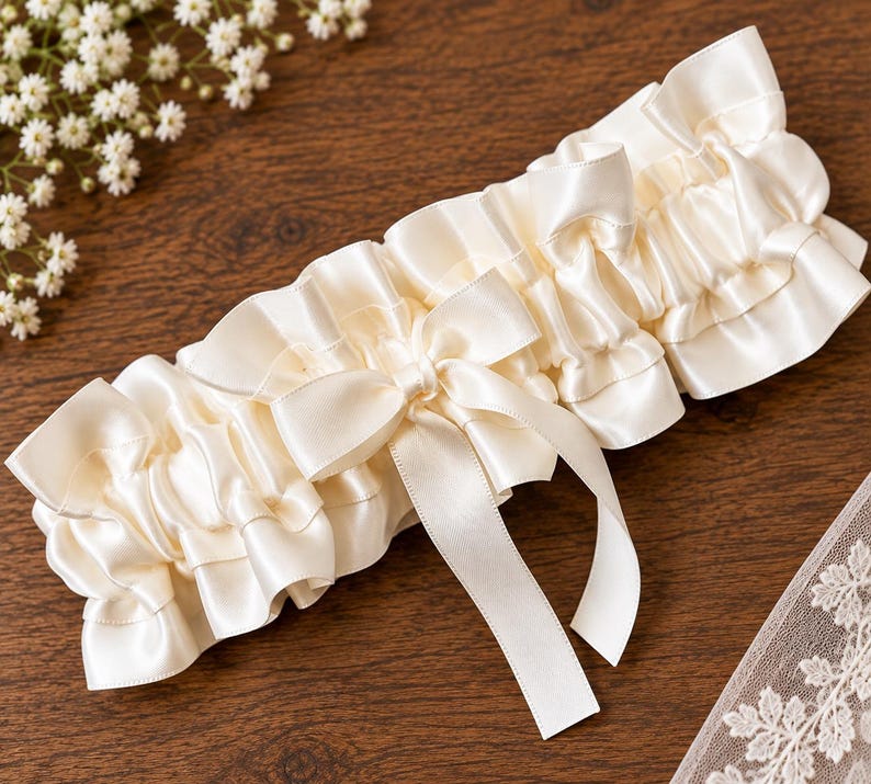 May include: An ivory satin garter featuring a gathered, ruffled design with a central decorative bow. The accessory is constructed from smooth, lustrous fabric with a consistent cream-colored tone throughout the entire piece, including the ribbon tails.
