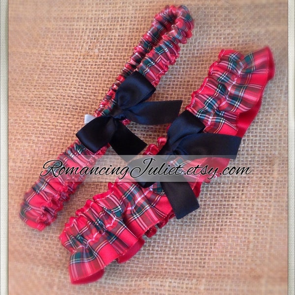 Classic Tartan Skirted Satin Bridal Garter Set....Custom Colors Available..shown with black accent