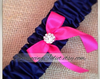 Luxe Satin Bridal Garter with Rhinestone Accent...shown in navy blue/hot pink fuschia