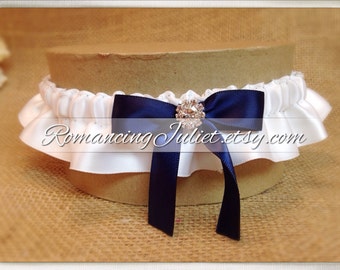 Skirted Satin Bridal Garter Rhinestone Accents...Shown in white/navy blue