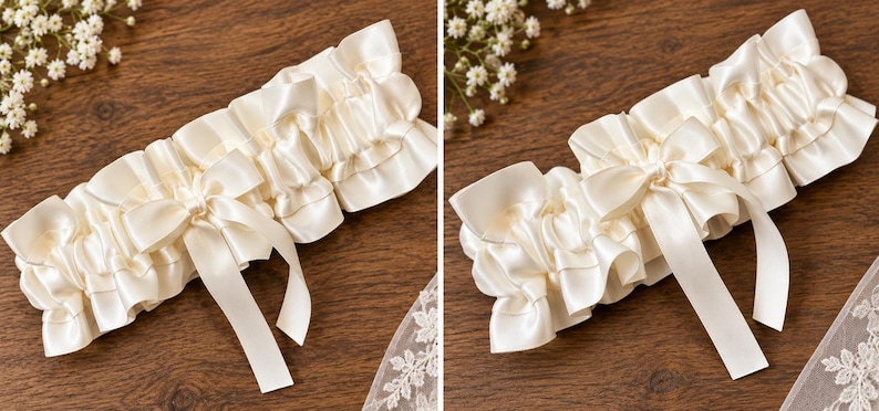 May include: An ivory satin garter featuring a gathered, ruffled design and a central satin ribbon bow with two hanging tails. The accessory is constructed from smooth, lustrous fabric and displays a consistent, pleated texture throughout its length.