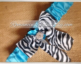 Simple Satin Deluxe Dual Color Bridal Garter with Rhinestone Accent...shown in zebra/turquoise/zebra