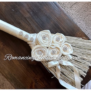 Timeless Elegance Wedding Jump Broom with Vibrant Crystal Accents and Delicate Hand Rolled Satin Rosettes.. Custom Orders Available