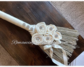 Timeless Elegance Wedding Jump Broom with Vibrant Crystal Accents and Delicate Hand Rolled Satin Rosettes.. Custom Orders Available