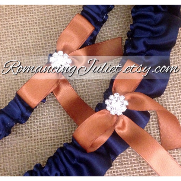 Satin Bridal Garter Set with Rhinestone Accents.. 1 to Keep 1 to Toss.shown in navy blue/burnt orange