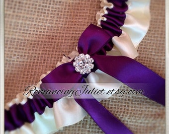 Skirted Satin Bridal Garter Rhinestone Accents...Shown in ivory/eggplant purple