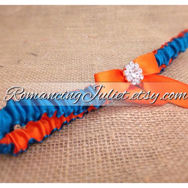 Simple Satin Dual Color Bridal Garter with Rhinestone Accent...shown in teal/orange