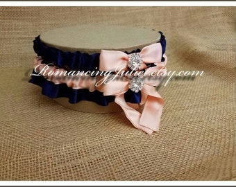 Satin Bridal Garter Set with Rhinestone Accents.. You Choose the Colors.. showing in navy blue/peach