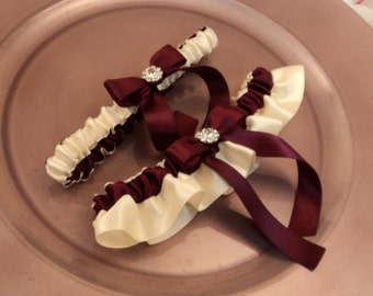 Satin Bridal Garter Set with Rhinestone Accents in burgundy red/ivory