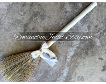Classic Jump Broom Made in Your Custom Colors with Rhinestone Accent ..shown in ALL ivory