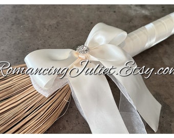 Classic Jump Broom Made in Your Custom Colors with Rhinestone Accent ..shown in ALL ivory