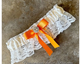 Lovely Vintage Style Lace Garter with Vibrant Rhinestone ..shown in ivory/orange