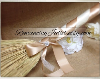Classic Jump Broom Made in Your Custom Colors with Rhinestone Accent ..shown in champagne/ivory