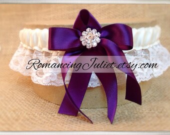 Lovely Vintage Style Ivory Lace Garter with Vibrant Rhinestone..shown in eggplant purple