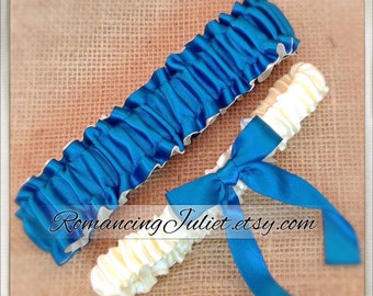 Simple Satin and Fully Reversible Bridal Garter with BONUS Something Blue...shown in ivory/jade