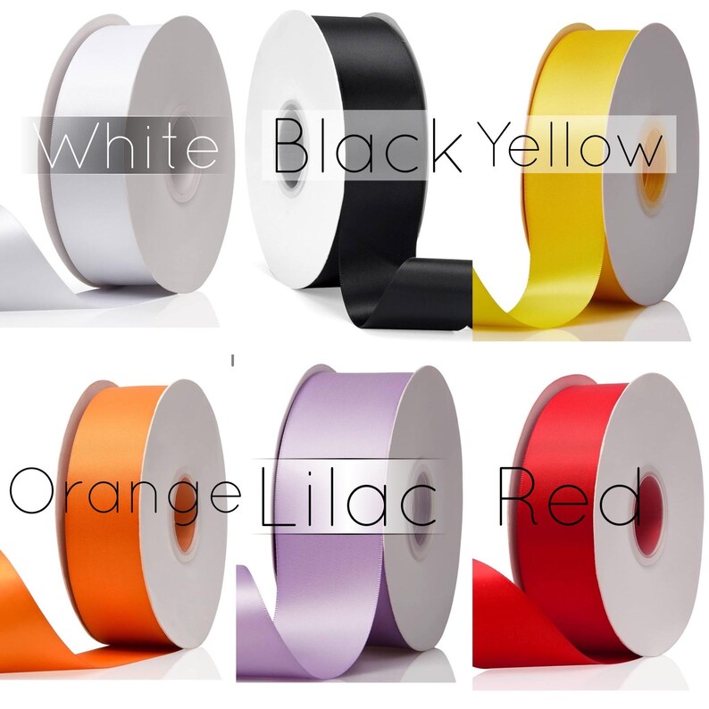 May include: Six spools of ribbon in different colors: white, black, yellow, orange, lilac, and red. Each spool has a label with the color name.