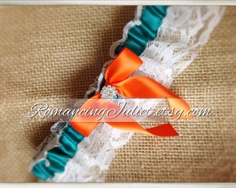 Lovely Vintage Style White Lace Garter with Pretty Rhinestone Accents...shown in white/teal green/orange