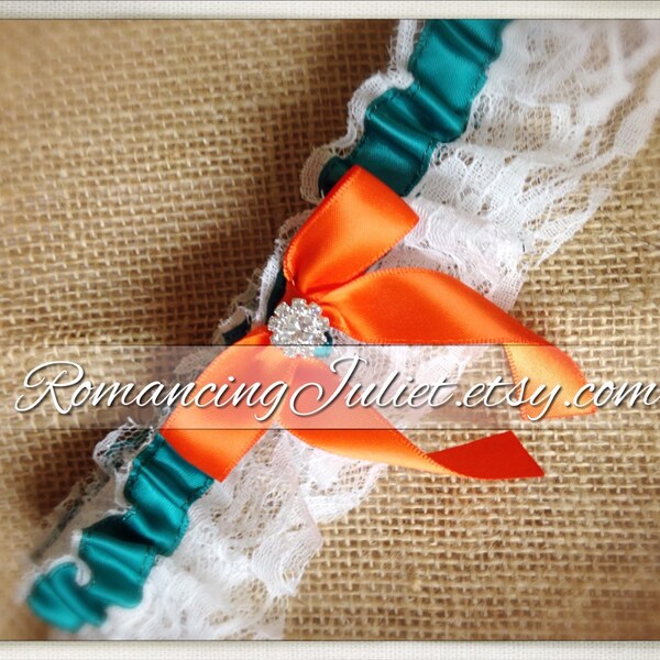 Lovely Vintage Style White Lace Garter with Pretty Rhinestone Accents...shown in white/teal green/orange