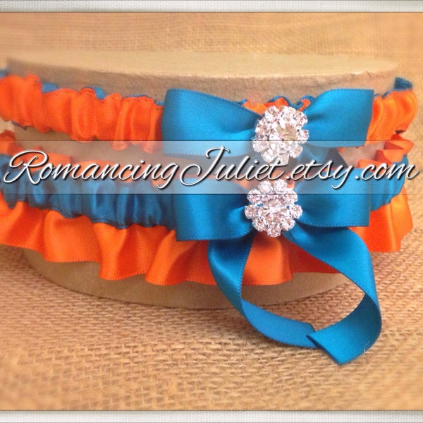 Satin Bridal Garter Set with Rhinestone Accents..1 to Keep 1 to Toss... Shown in teal/orange
