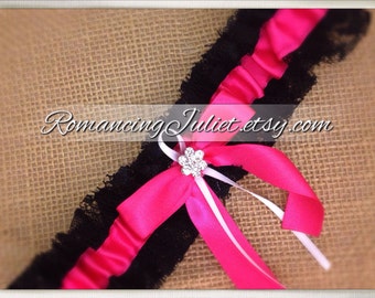 Elegant Vintage Style White Lace Garter with Pretty Rhinestone Accents...shown in black/hot pink/white accent